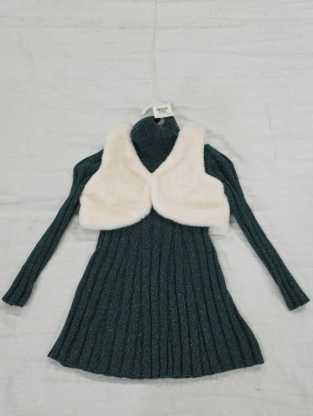 NWT Rachel Zoe Green Metallic Dress & Faux Fur Vest Set - Size 4 (XS)